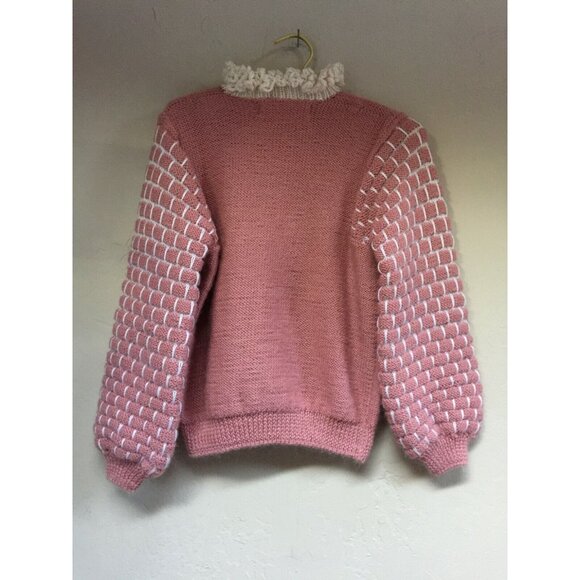Knitabout Naturals Handknits Pink Balloon Sleeve Pullover Sweater Ruffled Collar - Picture 2 of 6
